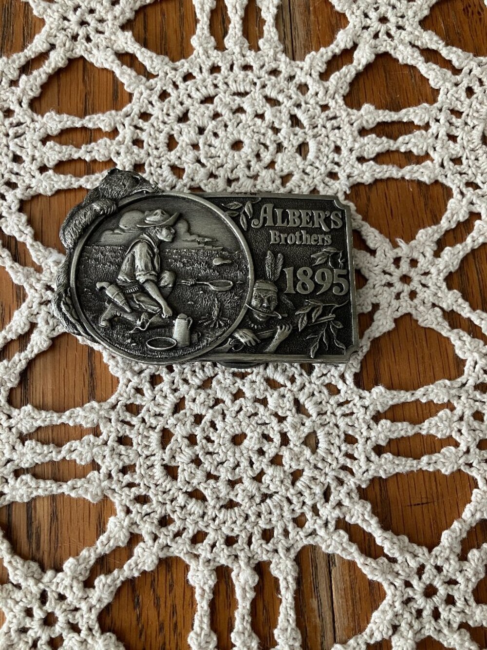 Vintage 1981 Carnation Co. Alber’s Brothers 1895 Pewter Belt Buckle